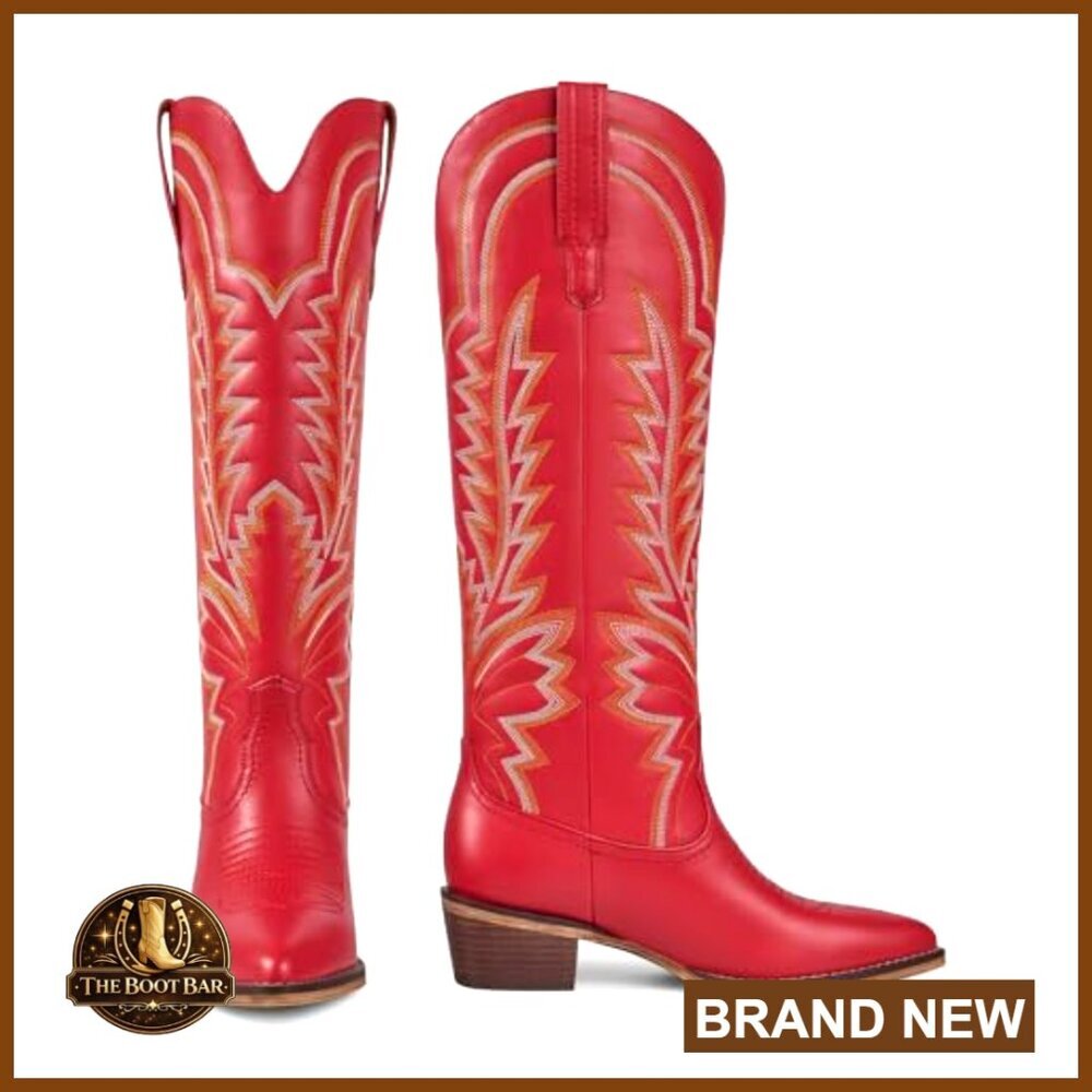Knee High Cowgirl Boots with Embroidered Pointed Toe Chunky Heel Pull On - Picture 4 of 7